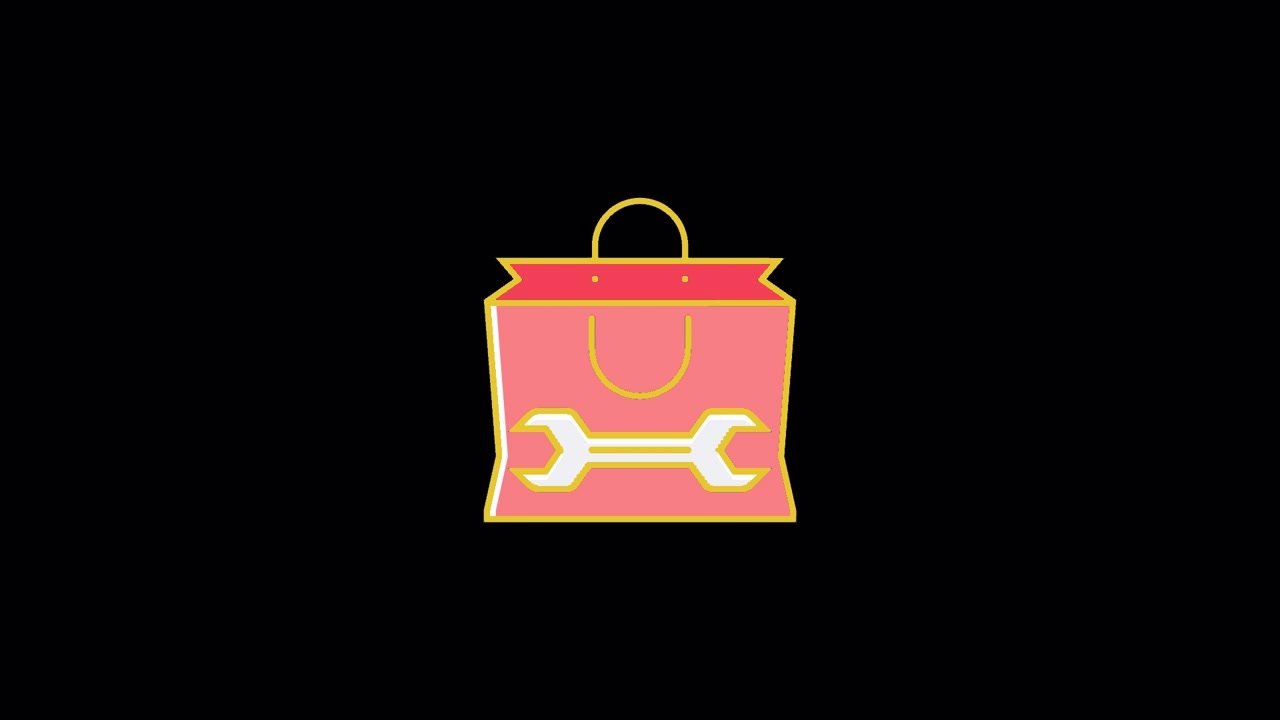 Icono animado de bolsa de compras con símbolo de llave inglesa.