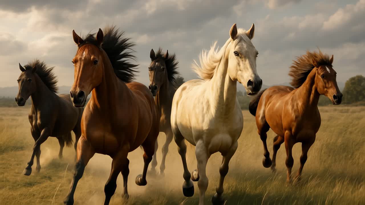 Dynamic low-angle video capture of galloping horses across a grassy field, showcasing their power