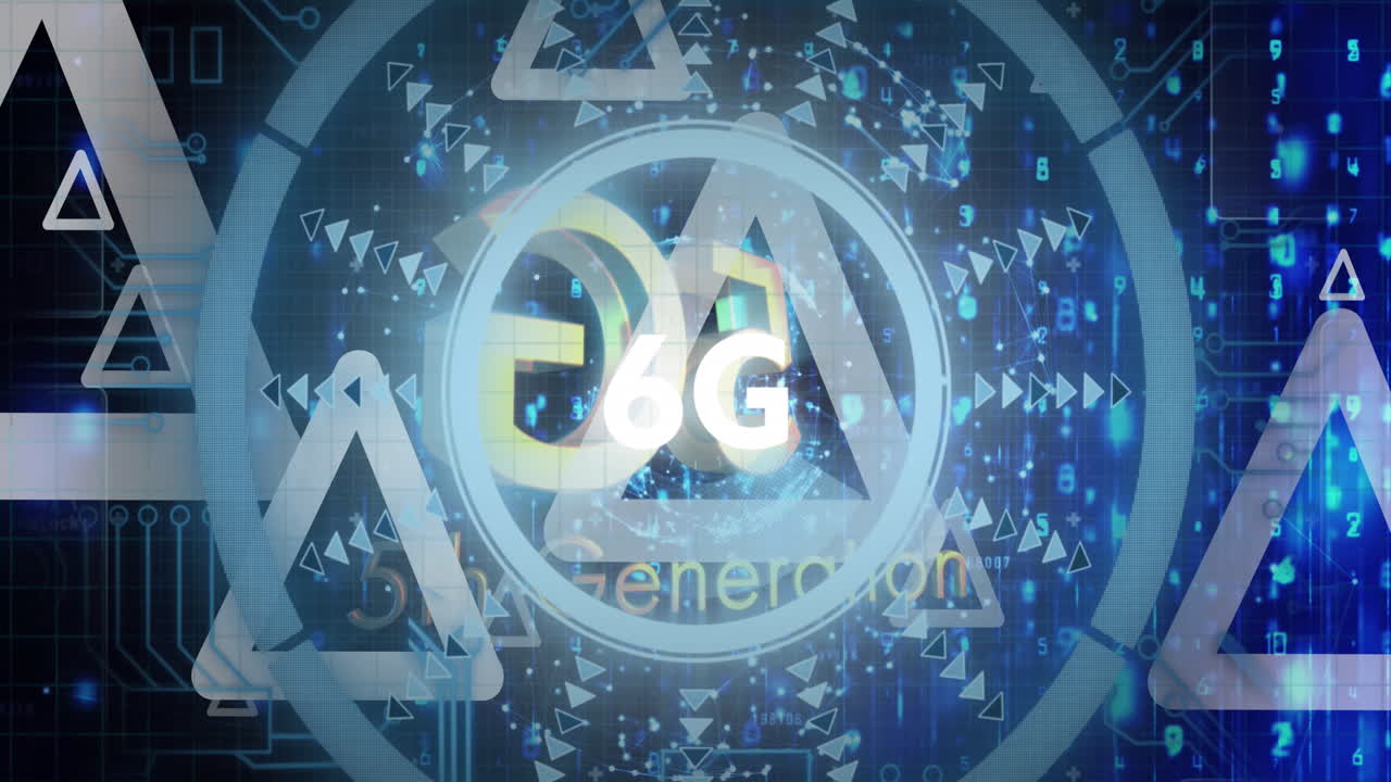 Animace textu 5G, 5. generace, 6G, 6. generace, šipek, plovoucích bodů, trojúhelníků