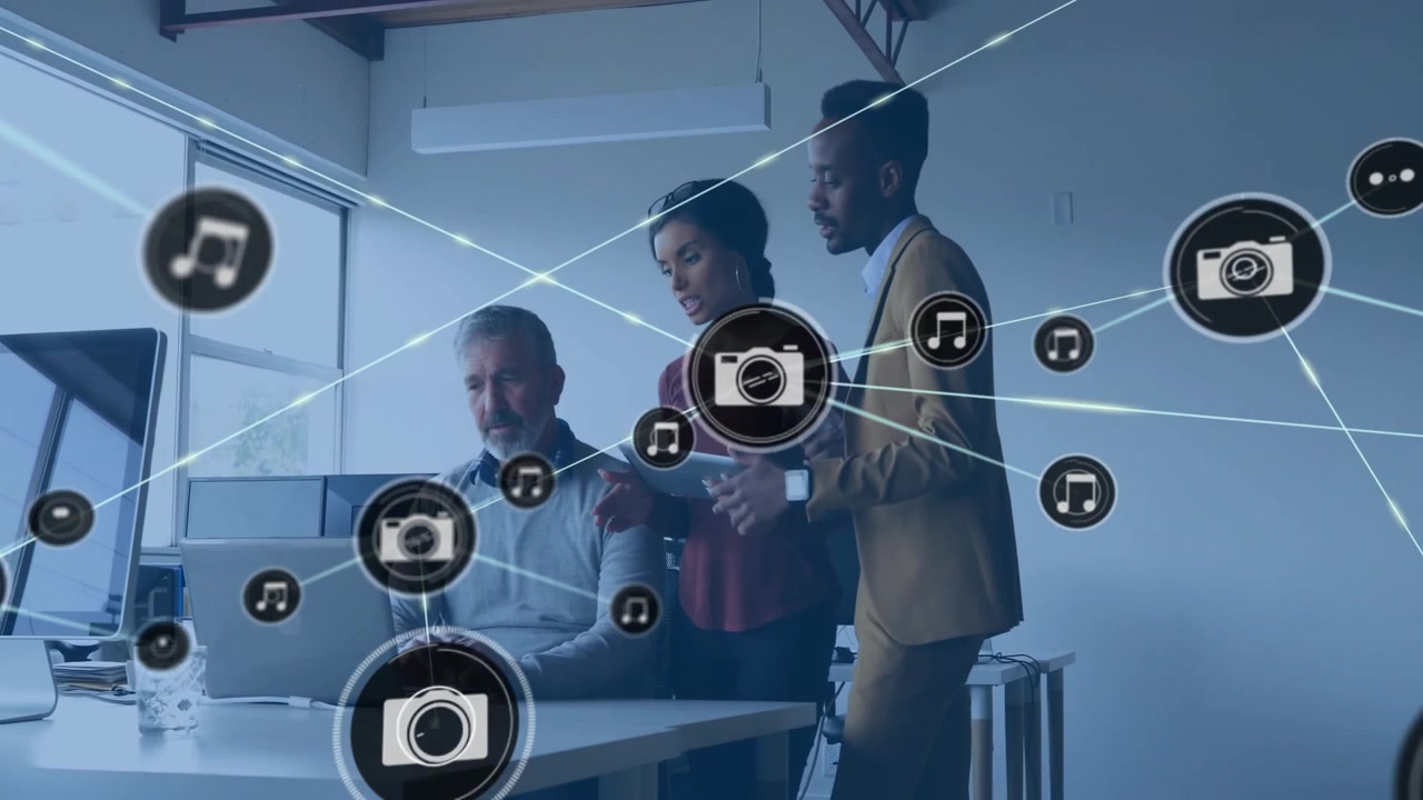 Animation of network of connections with icons over diverse business people in office