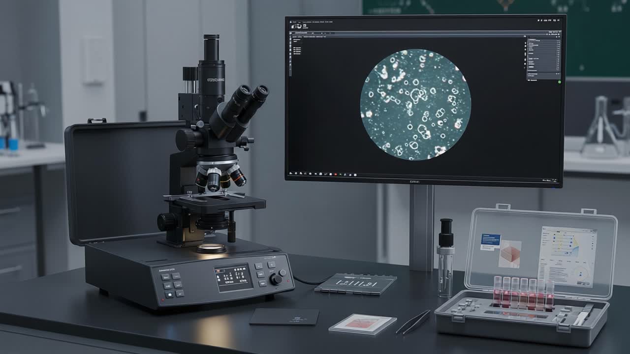 Advanced Laboratory Setup Featuring a High-Resolution Microscope and Digital Imaging Software Analyzing Biological Samples in a Modern Research Environment