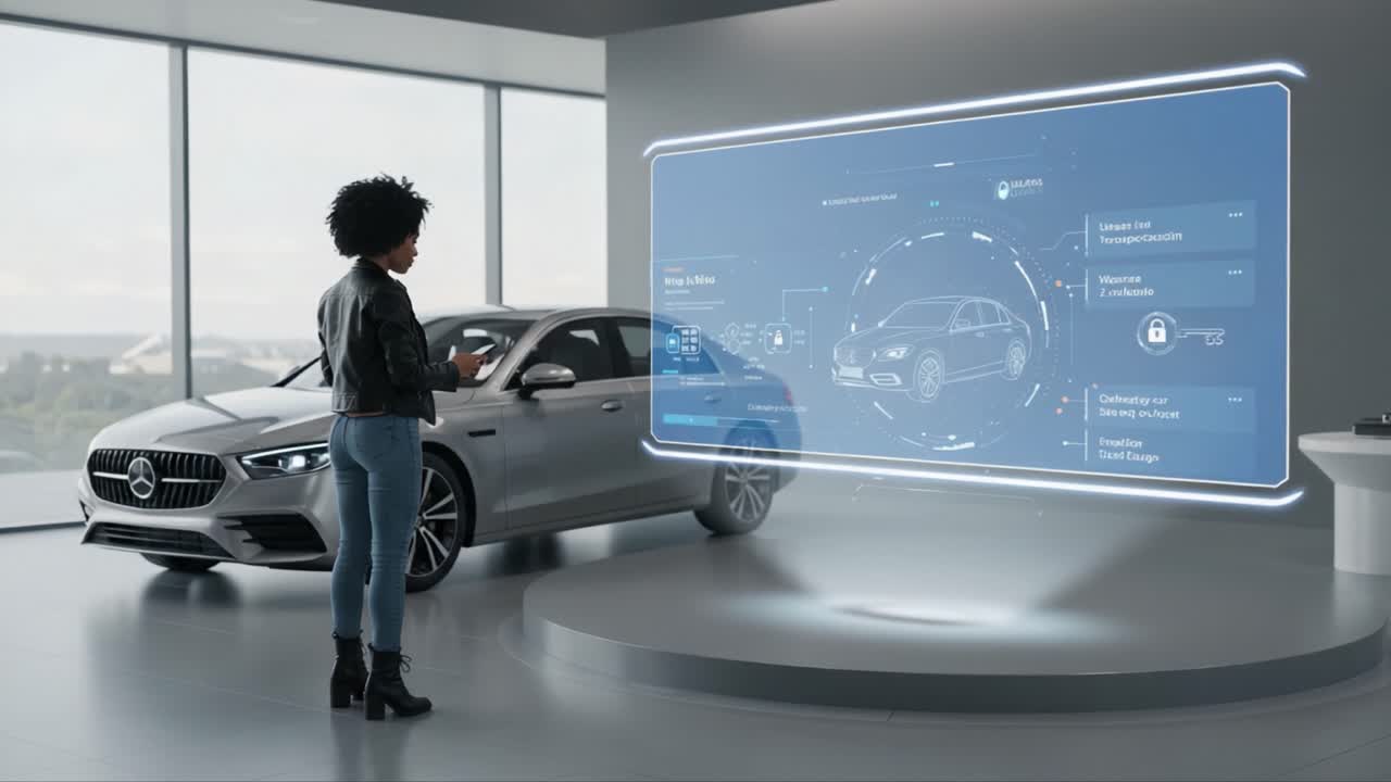 A futuristic presentation showcases an advanced digital interface interacting with a sleek car model, merging technology and automotive innovation for enhanced user experience