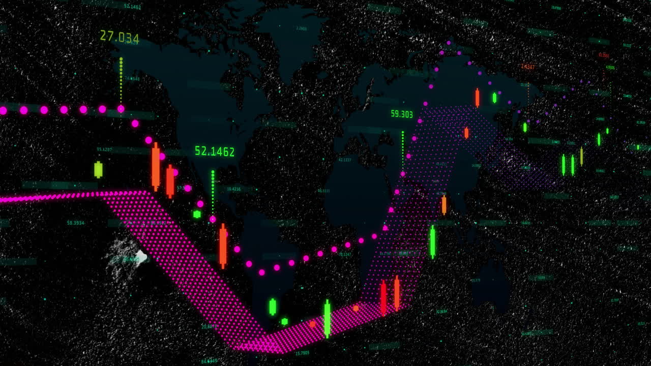 Animation of financial chart with candlestick patterns over world map background