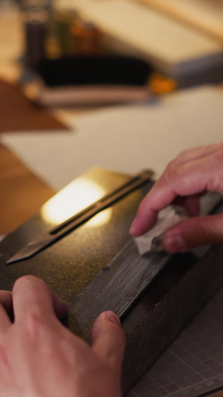 Man covers sandpaper with chalk at table in workshop close rear view. Handyman prepares instrument to sharp knife in studio. Traditional manual work