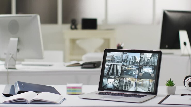 Laptop with six security camera views on screen on desk in empty modern office space, slow motion