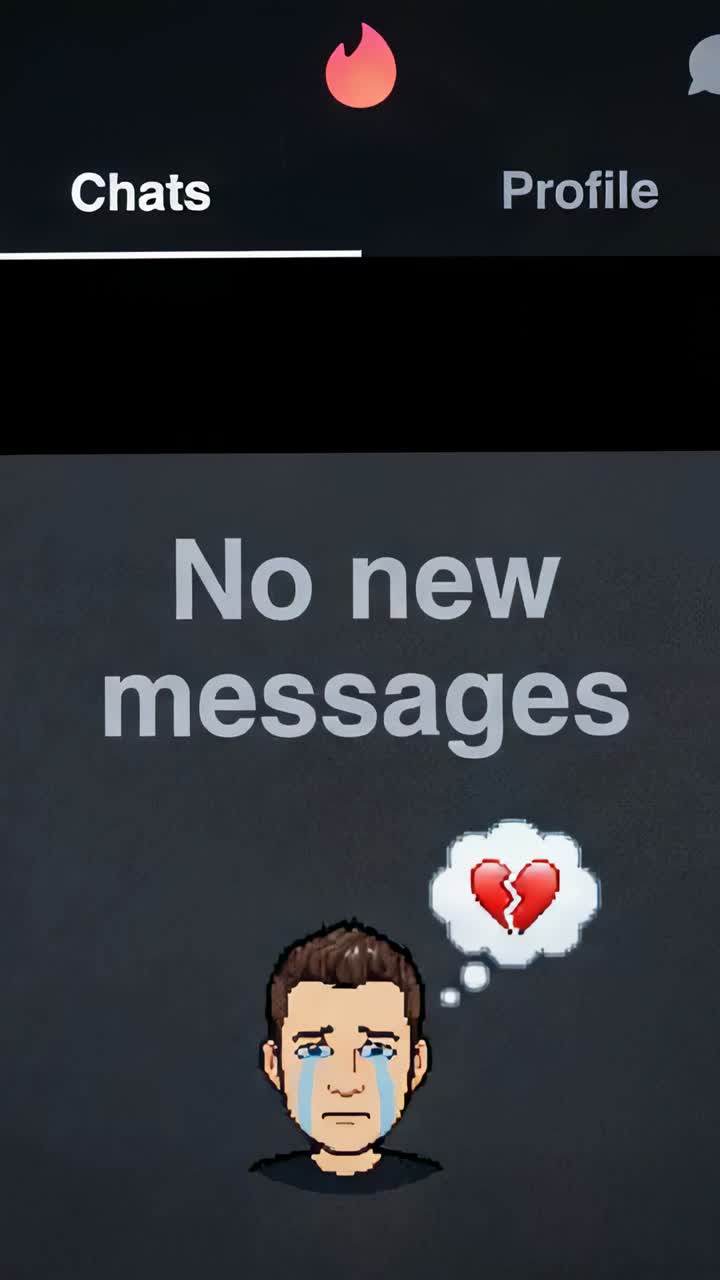Vertical video: Playing UI showing No new messages on phone, flame logo Chats Profile crying avatar