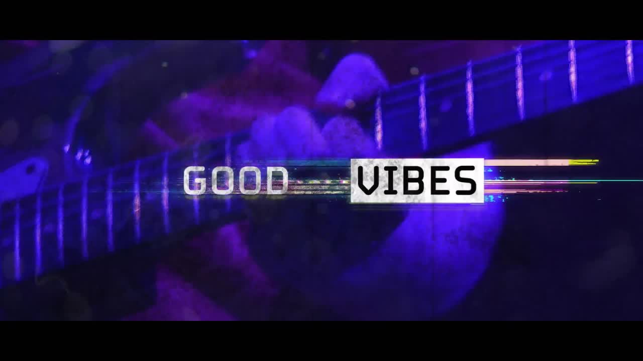 Animation of vibes in black and white text with colourful distortion over electric guitar player