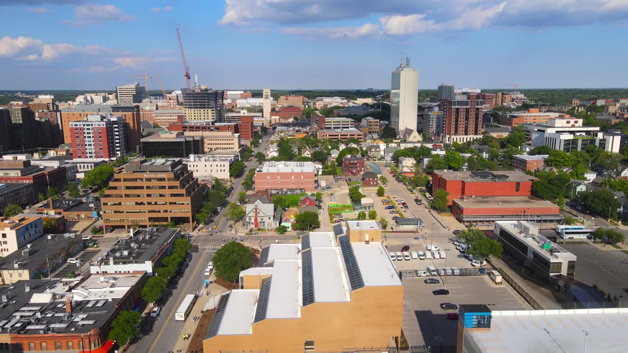 Aerial view of downtown Ann Arbor, Michigan with business and residential areas