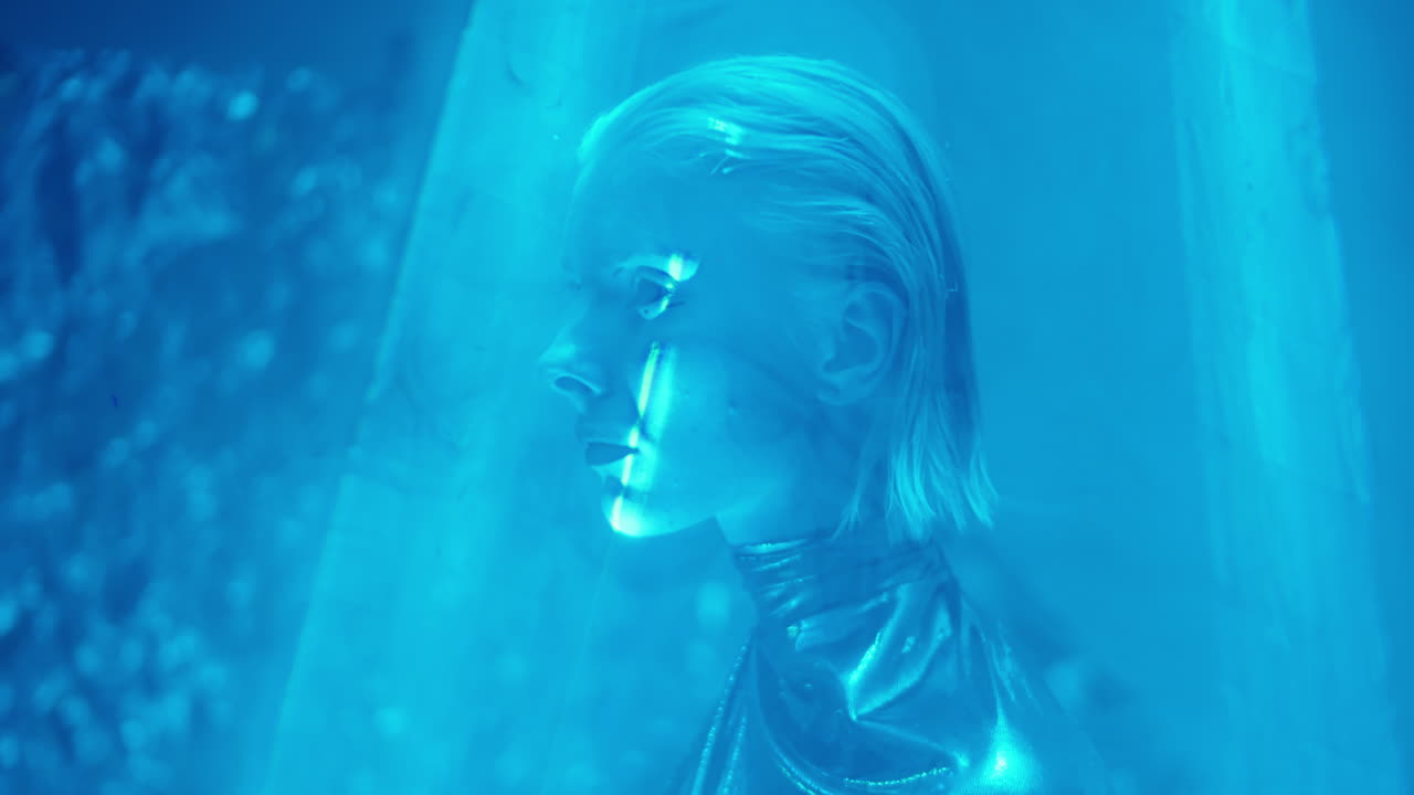 Futuristic Woman in Blue Laser Cone