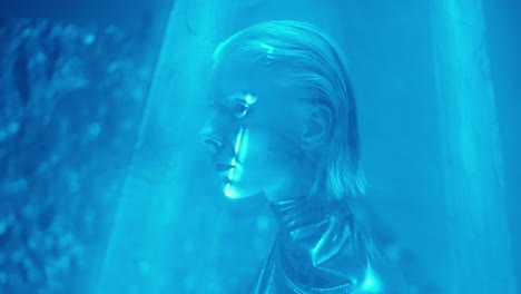 Futuristic Woman in Blue Laser Cone