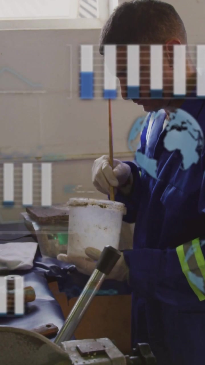 Video verticale: Tecnico che inserisce una bacchetta, mescolando un composto sul banco per la riparazione, con dati sfocati sovrapposti alle mani.