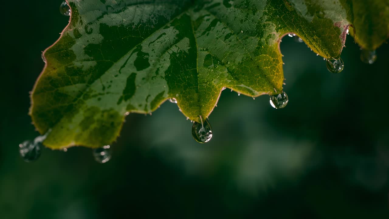 Forming and releasing droplets, single serrated green leaf edge merging beads after rain in garden