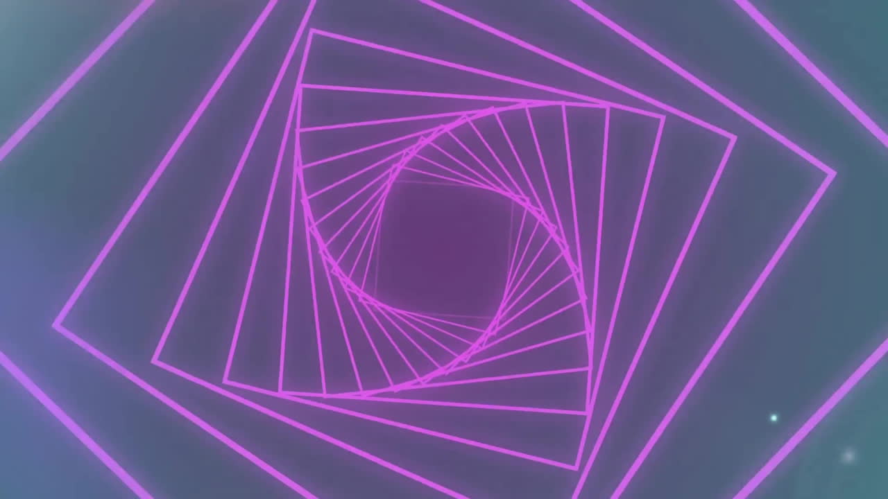 Animation of pink square spiral and coloured lights moving on dark background