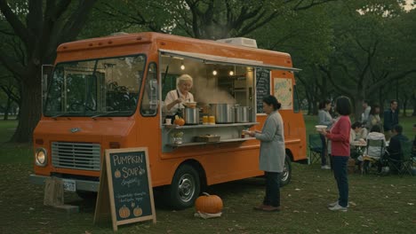 autumn delights: a food truck experience featuring delicious pumpkin soup and cozy gatherings in a park setting, capturing the spirit of seasonal flavors and community