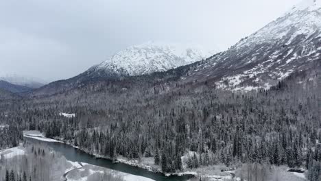 Drone-flies-twords-trees-and-river-in-Alaska