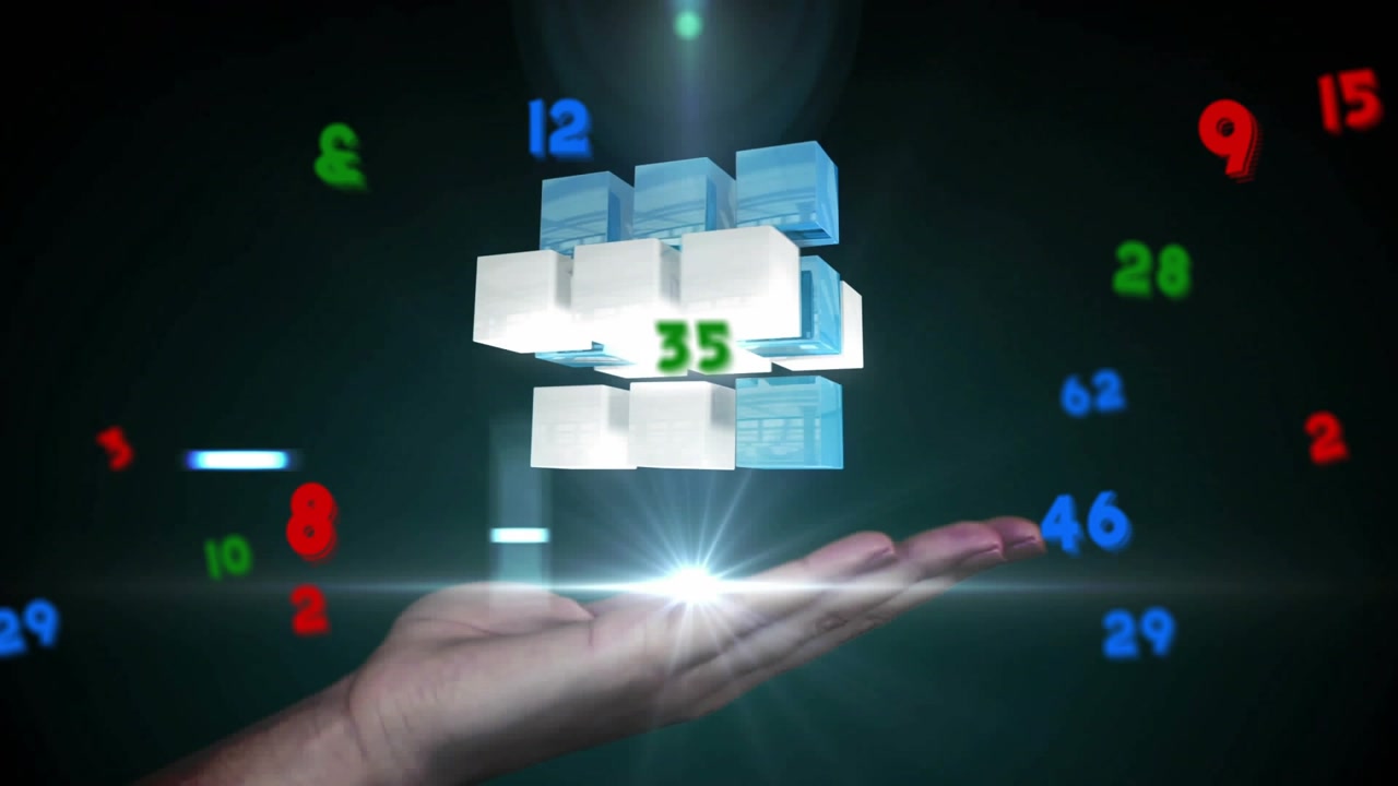 RGB numerals drifting, hand emerging projecting beam summoning cubes stacking into tech structure