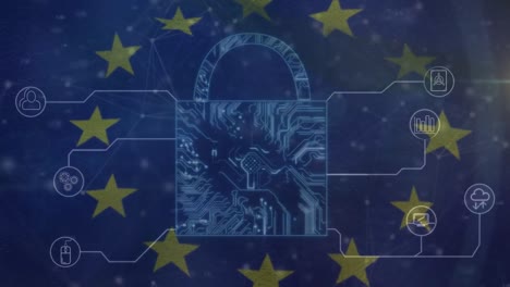 animation of padlock, data processing and flag of eu