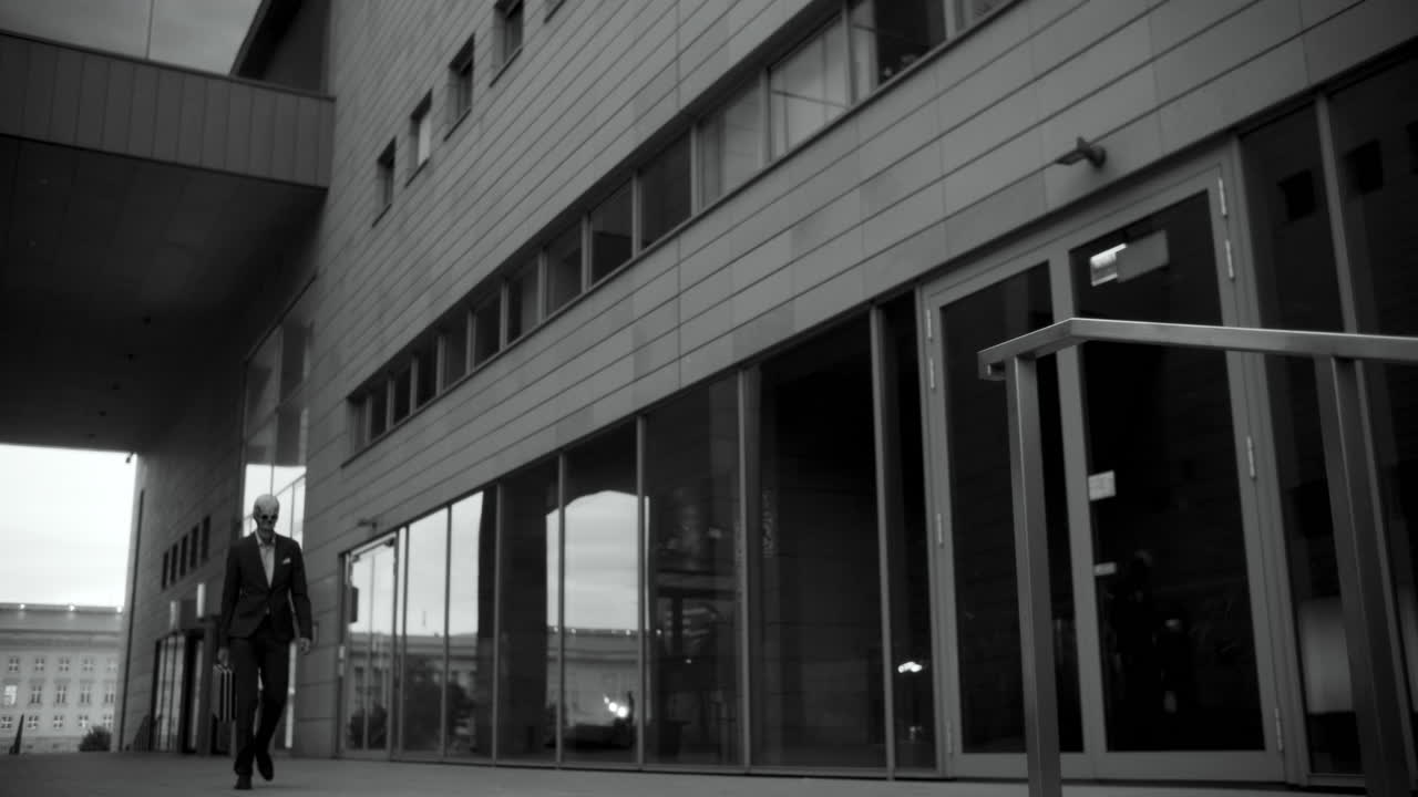 Businessman in a suit walking in front of a building