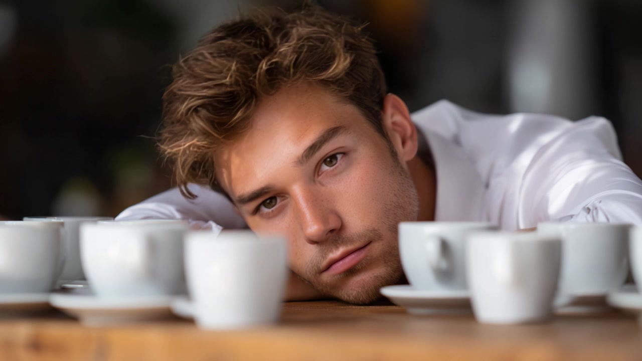 Ettertenksomt øyeblikk: En ung mann betrakter tankefullt tomme kaffekopper, reflekterer over livets bryggede erfaringer i et stilfullt kafémiljø.