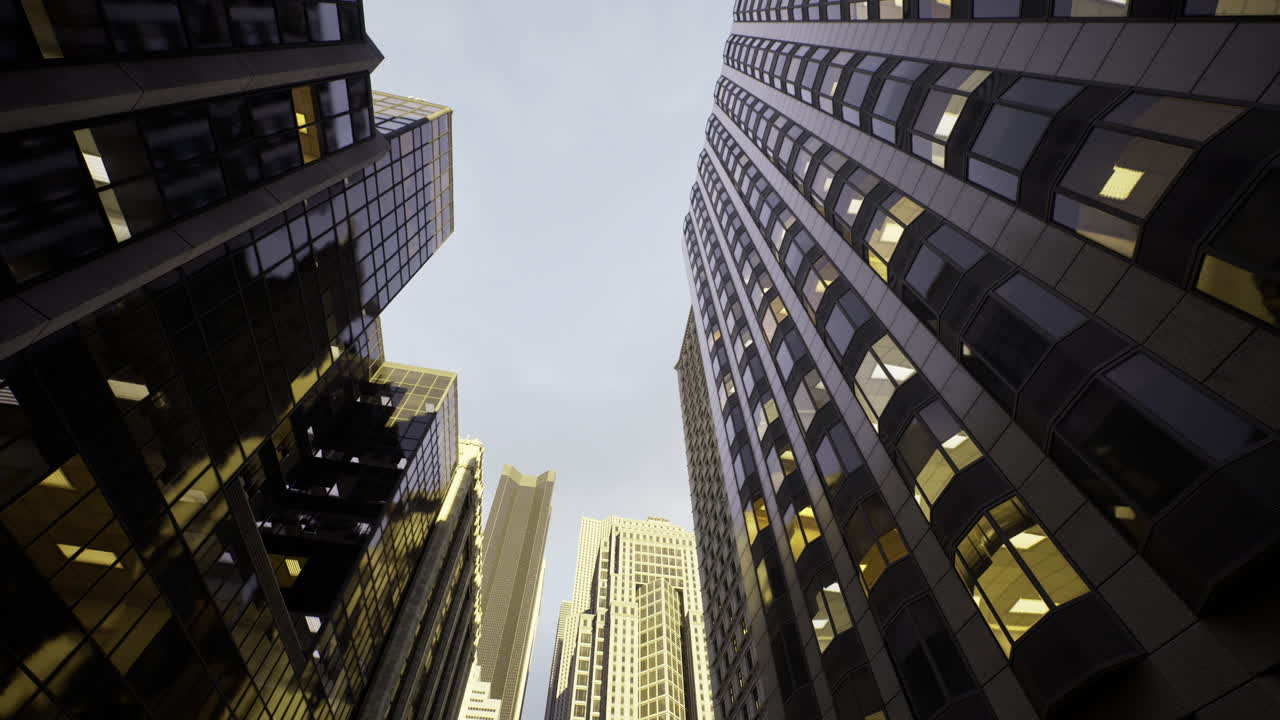 High rise buildings reaching into the clouds in an urban setting at dusk