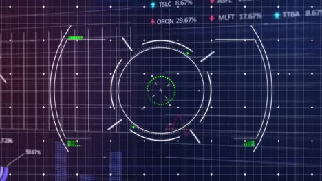 Animation of scope scanning over statistical and stock market data processing on black background