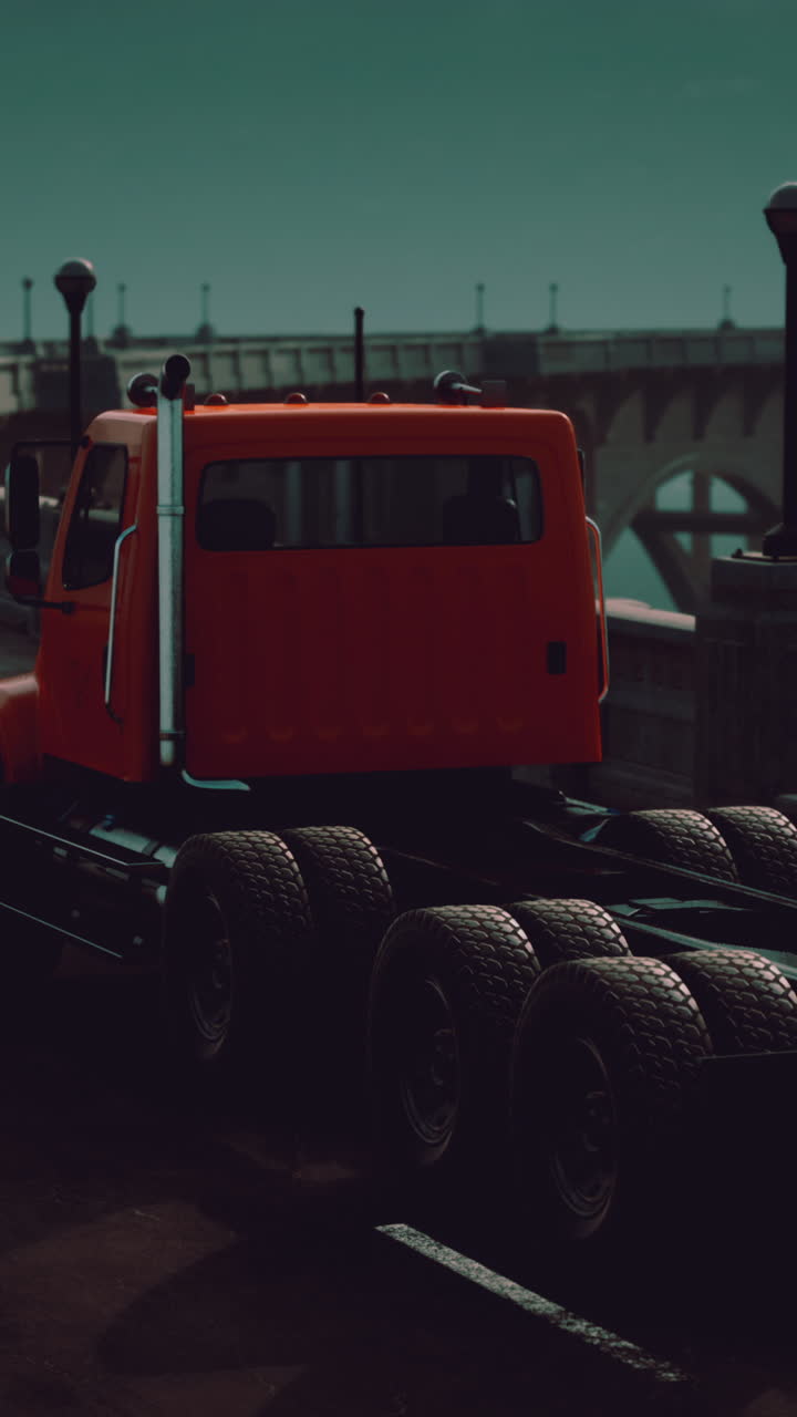 고속도로 다리 에서 운전 하는 오렌지색 반 트럭