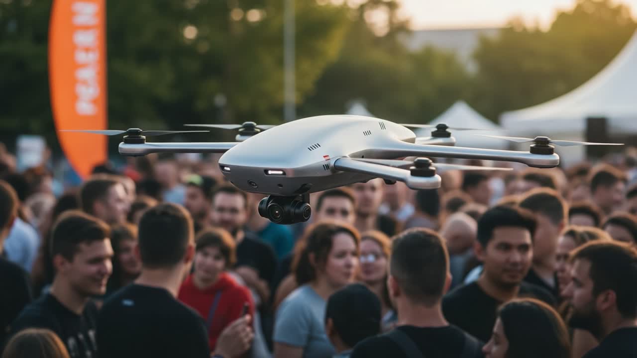 An Aerial View of an Innovative Drone Captured Amidst a Crowded Outdoor Event, Showcasing the Enthusiasm of Attendees and the Technology's Impact