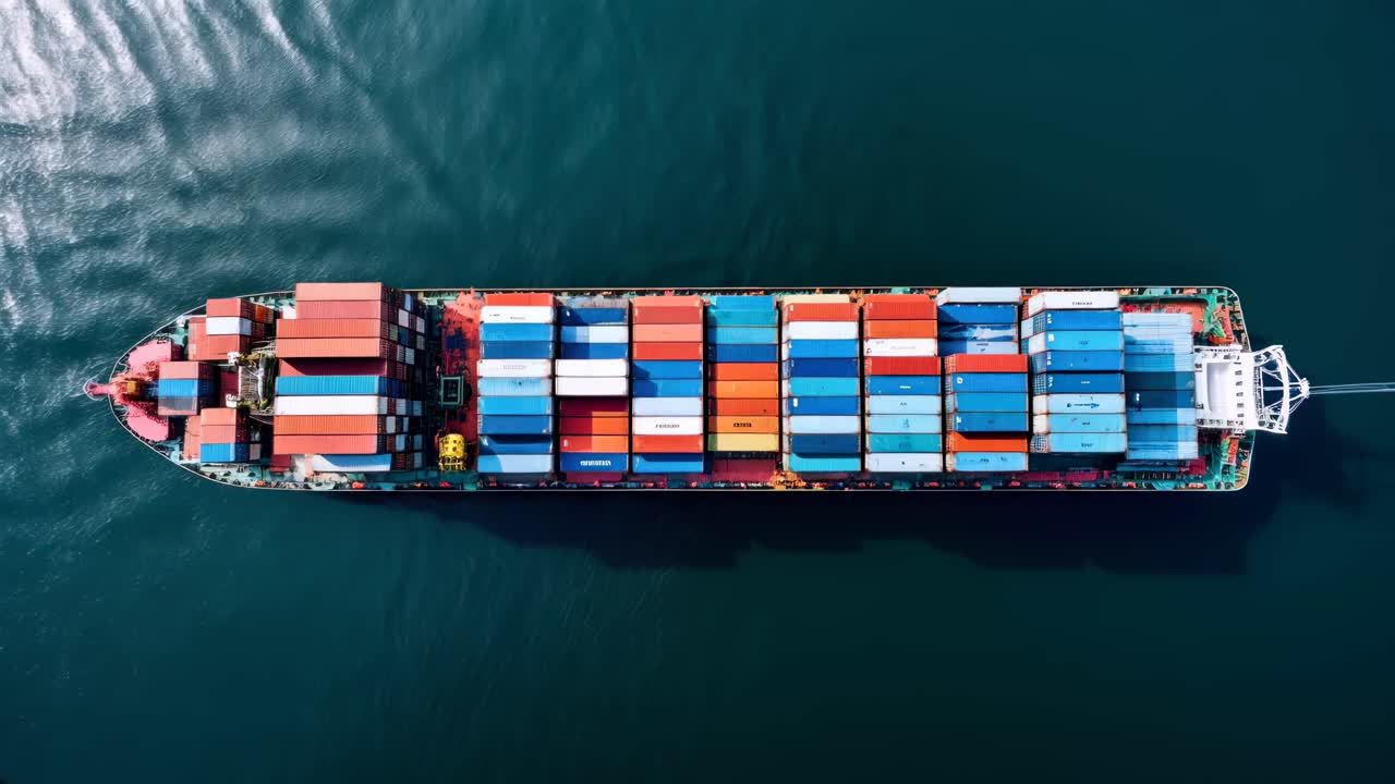 Aerial view of a cargo ship with colorful containers, sailing in deep blue water