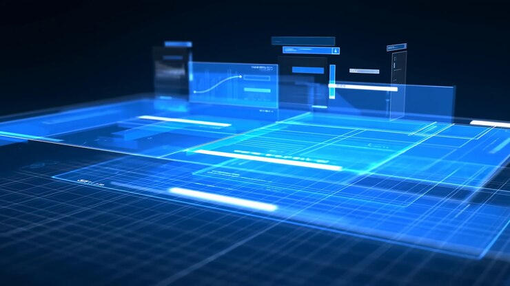 Glowing Blue Holographic Grid Platform Rising From Dark Plane With Translucent Panels And Floating UI