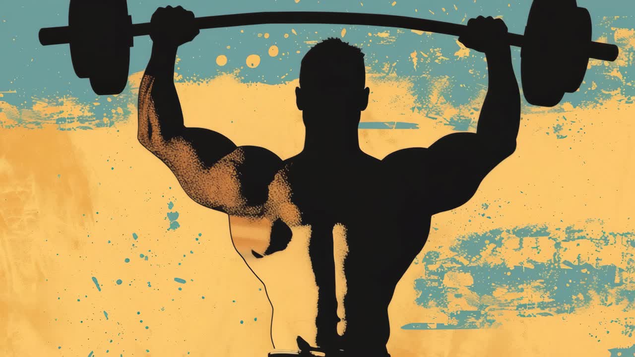 Silhouette of a muscular man lifting weights, viewed from behind