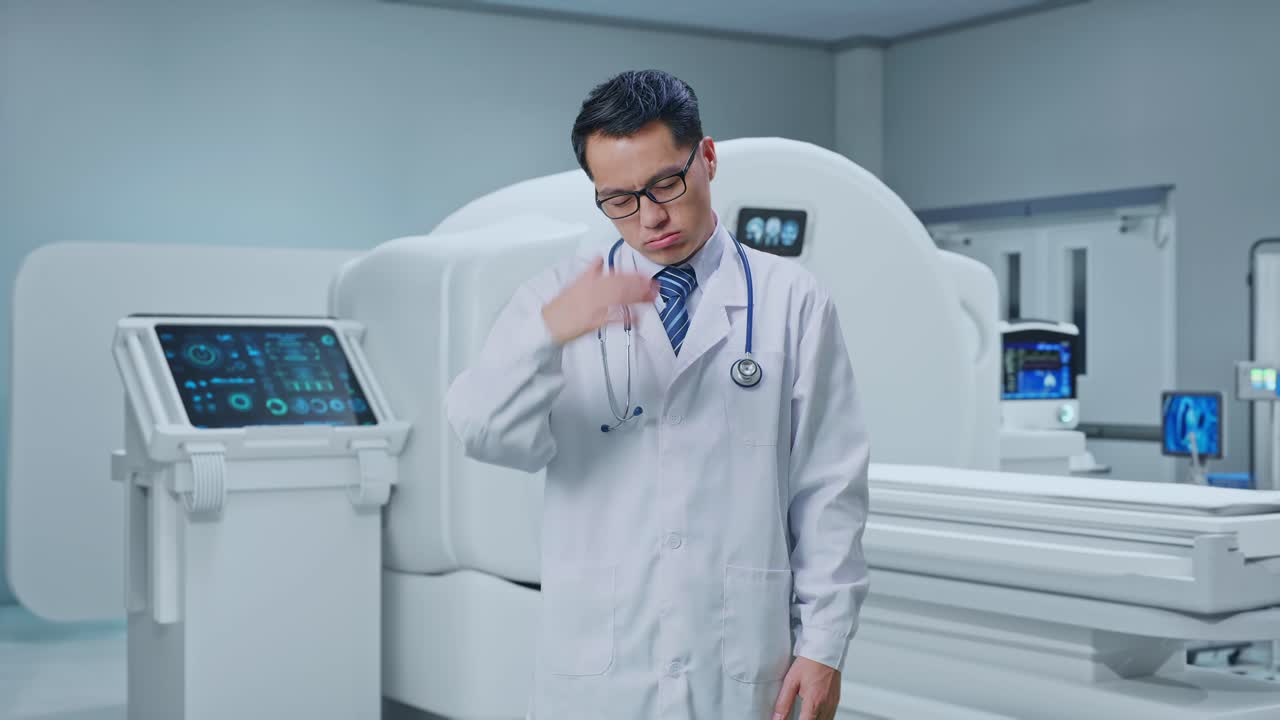 Asian Male Doctor Having A Headache While Standing With MRI Machine In The Hospital