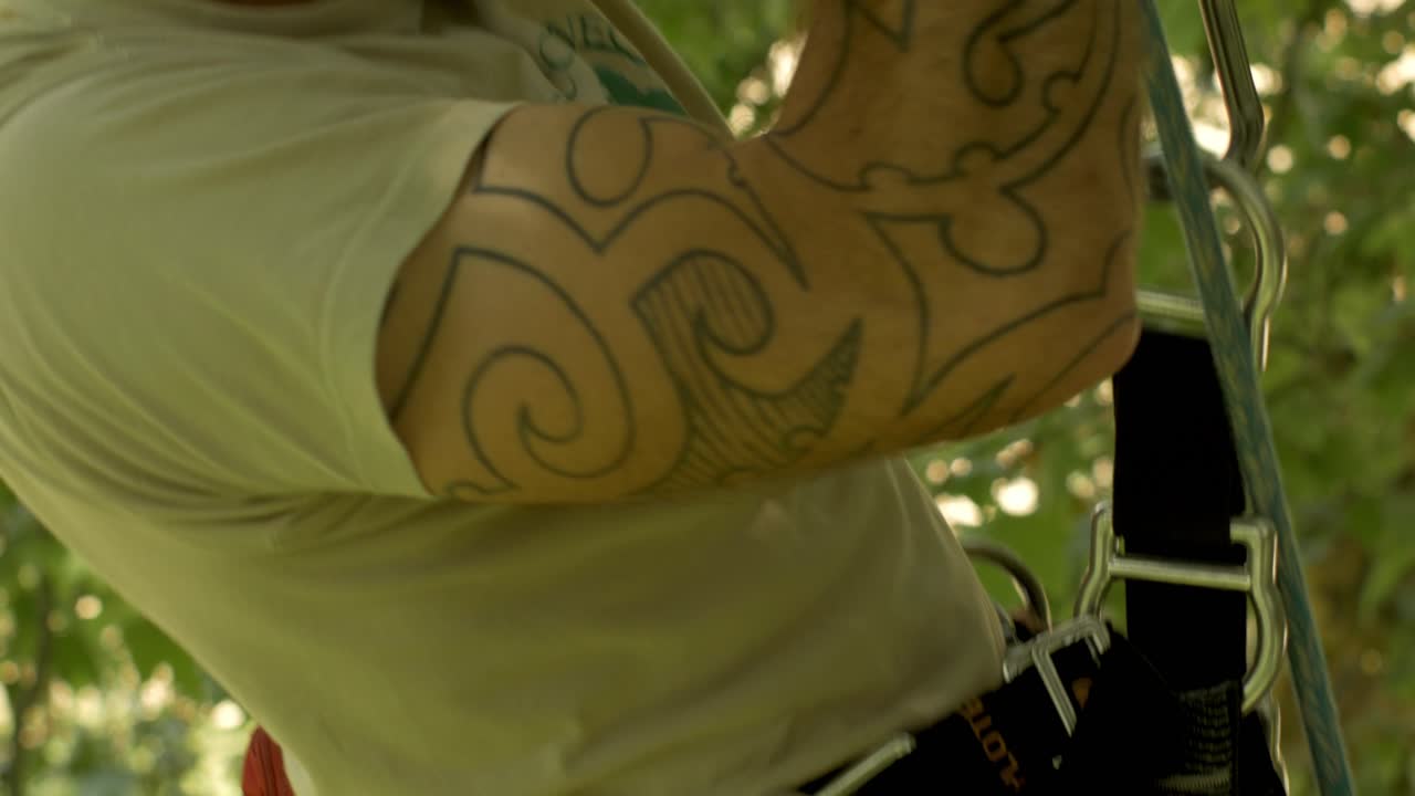 крупный план человека, взбирающегося на дерево по веревкам - дордонь, франция