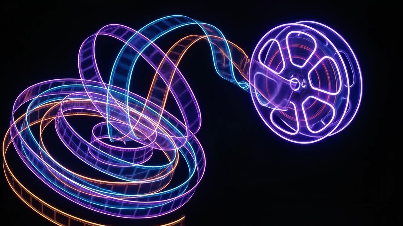 Glowing Neon Film Reel and Strip Unwinding on Black Background