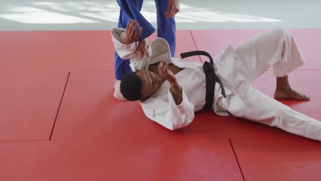 judokas training by doing a randori on the judo mat