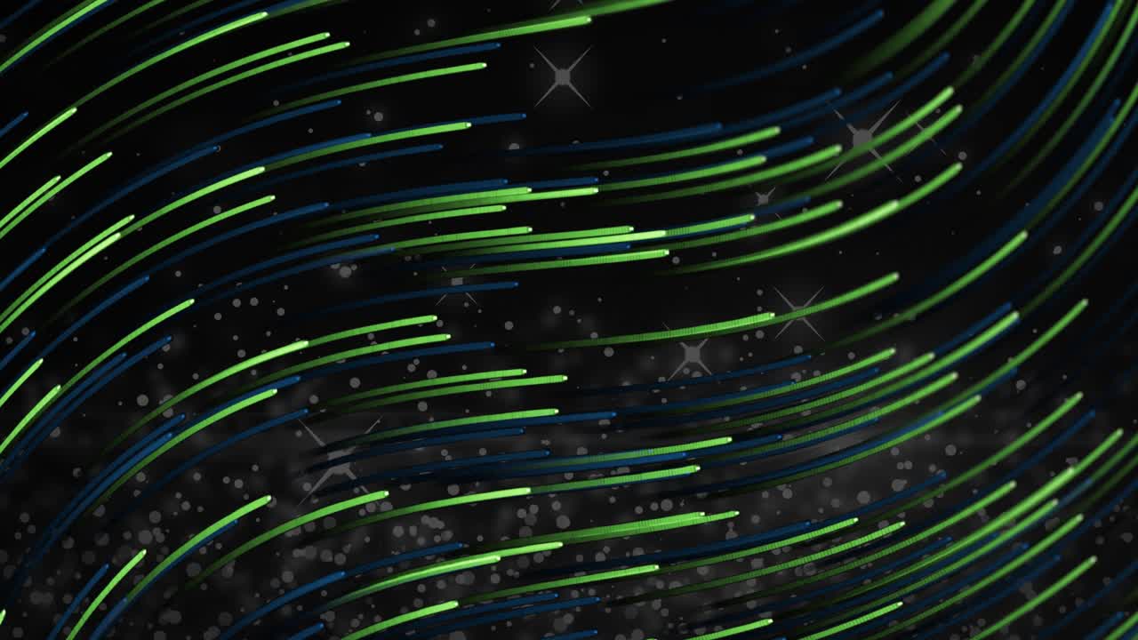 Algorithm signal driving neon filaments shifting diagonally, forming ribbon data stream with specks