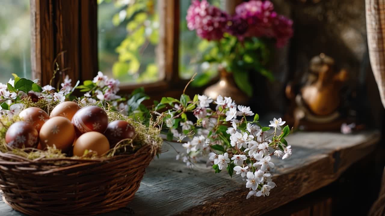 Sunlight streams through window, soft and warm. Eggs nest in woven basket, nestled in hay. White flowers frame the scene, fragrant and delicate. Wooden sill holds still, textured and aged
