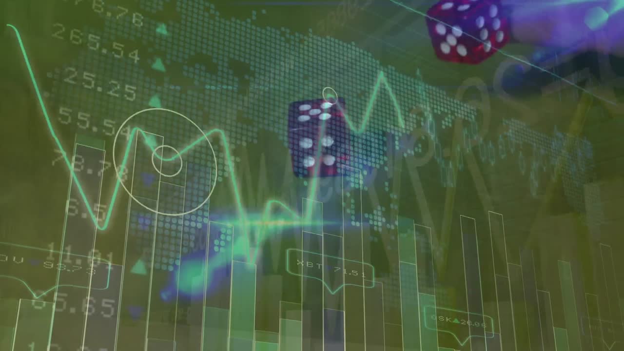 animación del procesamiento de datos y mapa del mundo sobre dados.