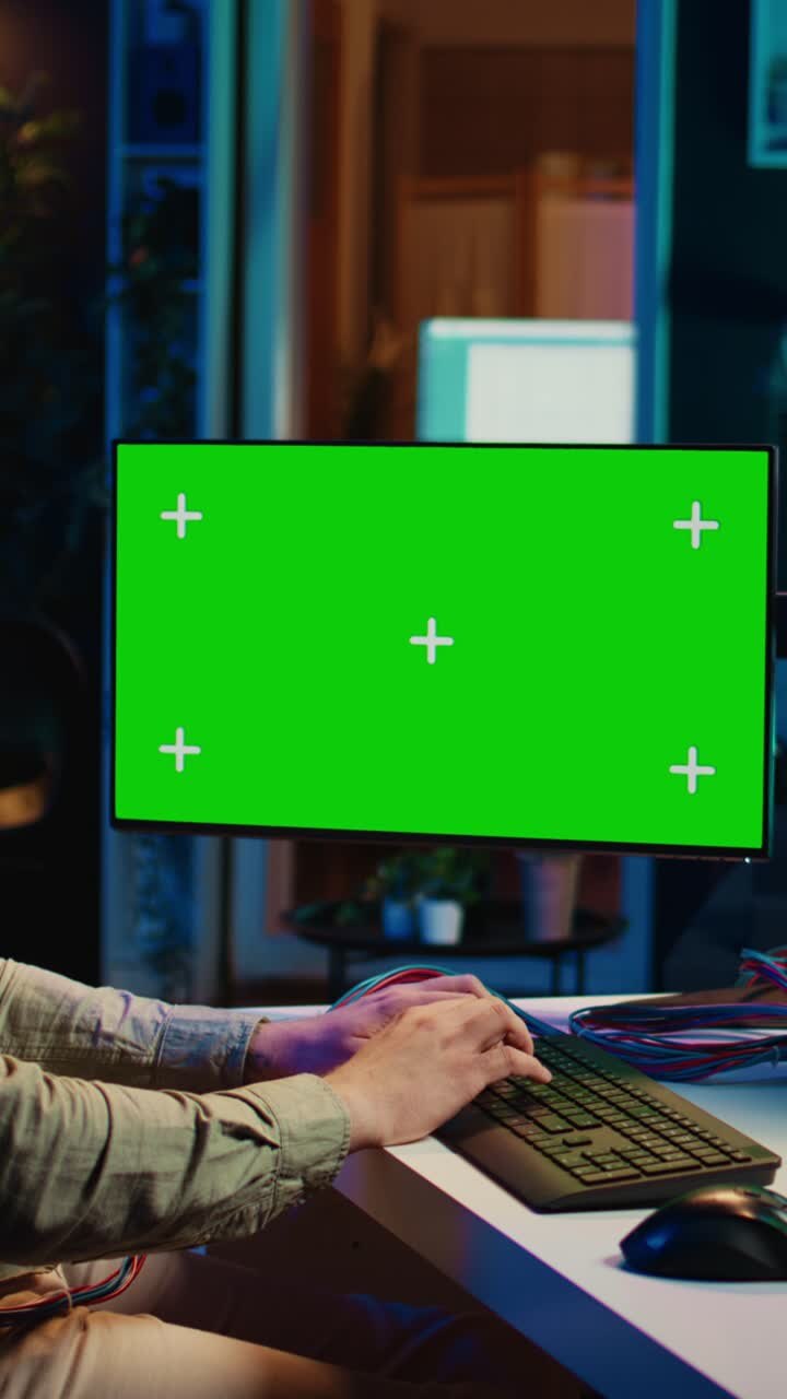 Person tippt nachts auf einer Tastatur mit einem Computerbildschirm mit Greenscreen