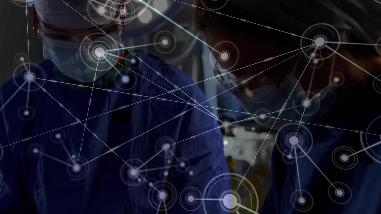 Two surgeons handling tools, single node appearing across hands as network overlay guiding surgery