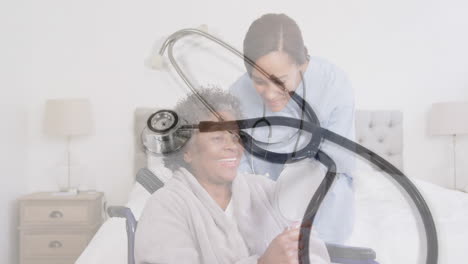 animation of stethoscope over female doctor with senior woman holding mirror and smiling