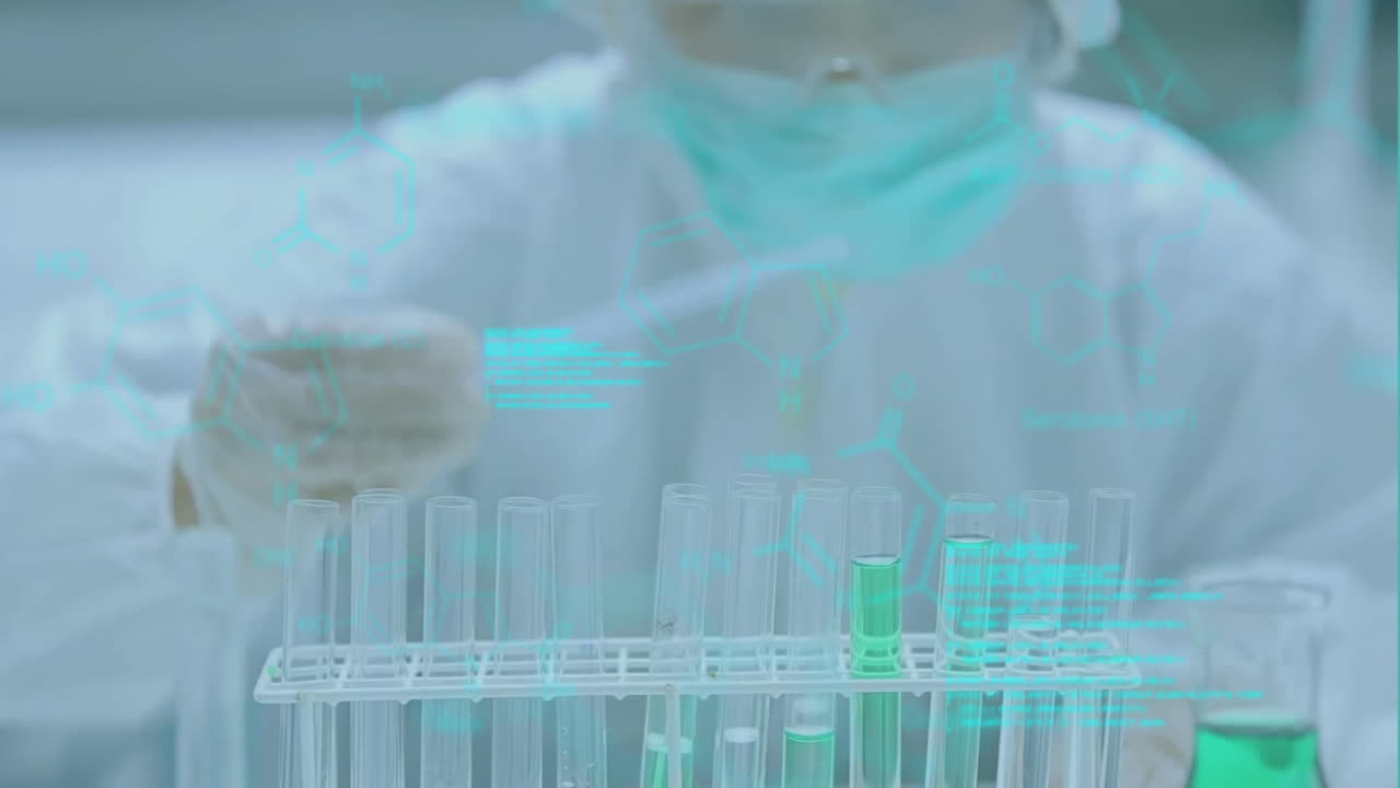 Animation of data processing and chemical formula over biracial female scientist working in lab