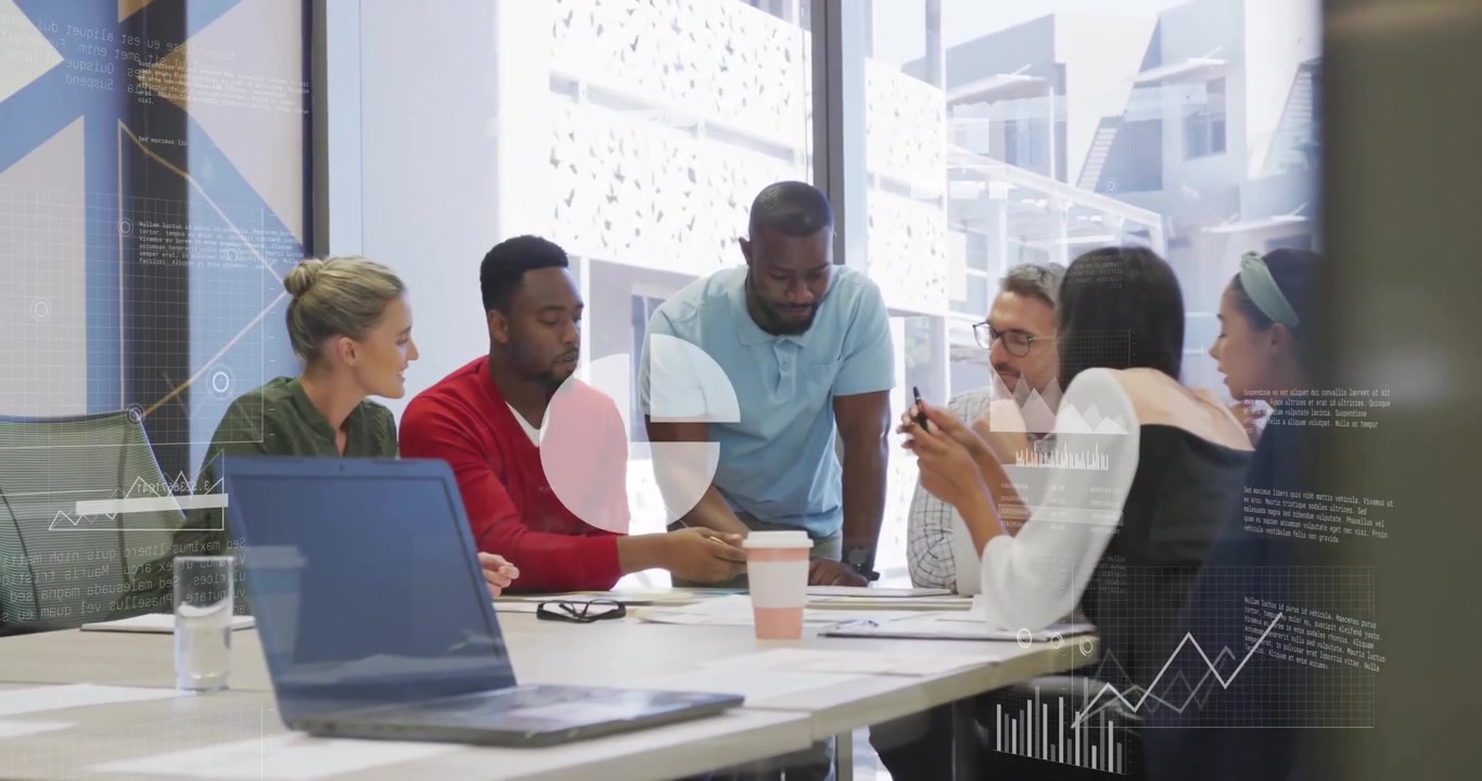 Animation of financial data processing over diverse business people in office