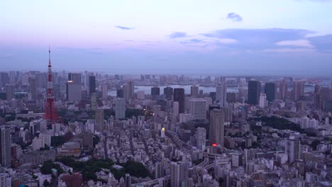 beautiful panorama view out on tokyo cityscape at dusk with famous tokyo tower - locked off view