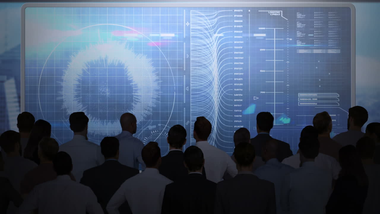 스크린에서 데이터 인터페이스를 보는 비즈니스 사람들