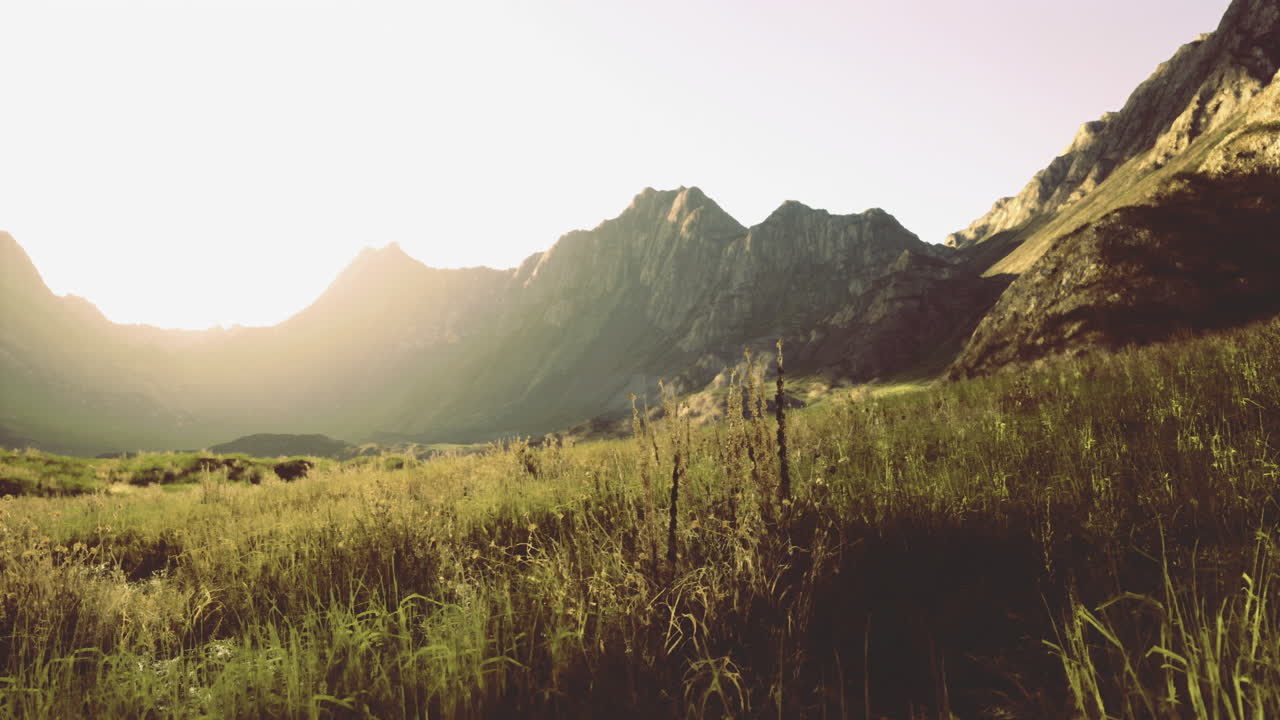 Majestic mountain landscape at sunset with golden grass field in view