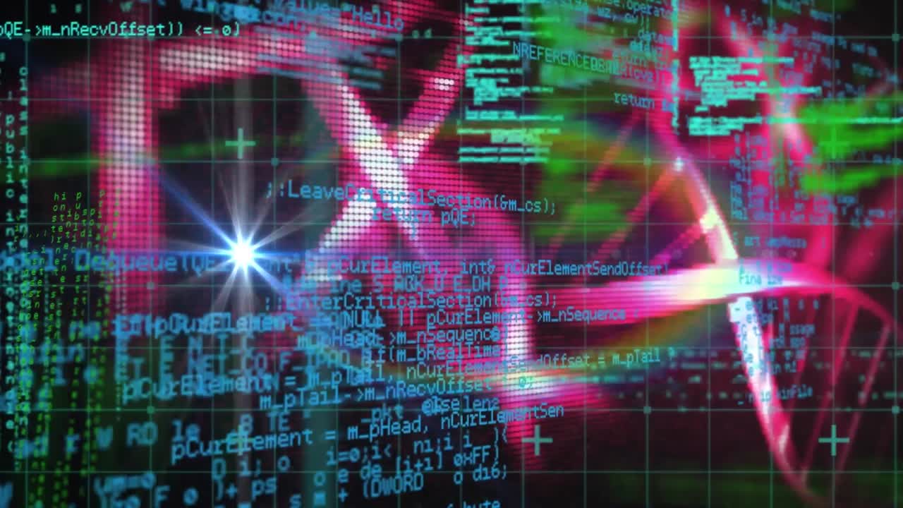 Animation of rainbow lens flare over spinning dna structure and data processing on black background