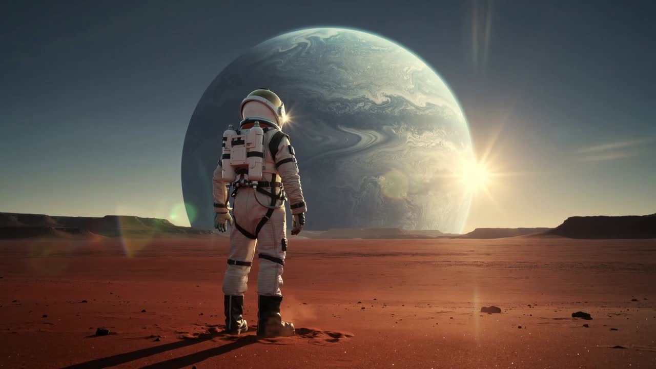 Solen står op, astronaut i EVA-dragt med rygsæk tager skridt på rustfarvet slette, nærmer sig stribet gasgigant.