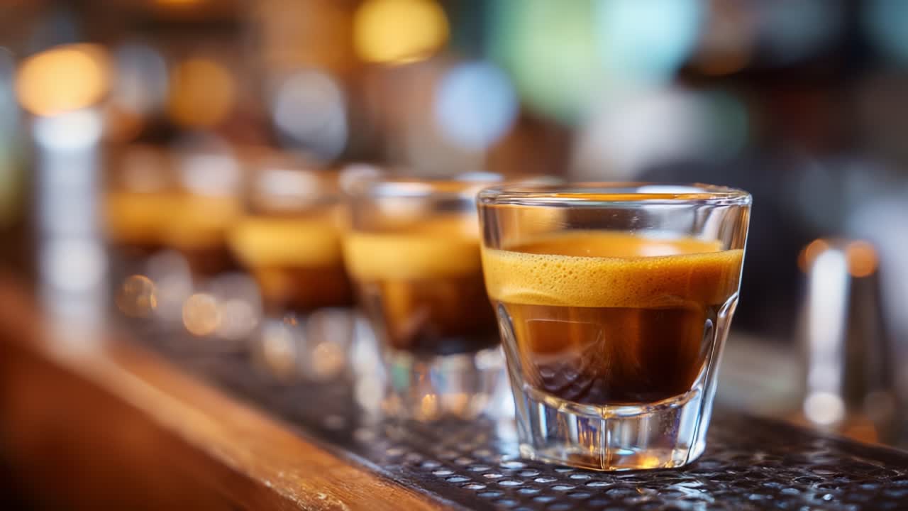 Scatti di caffè espresso aromatico disposti con eleganza su un bancone di legno, che catturano l'essenza della cultura del caffè e dell'artigianato del barista in un ambiente accogliente