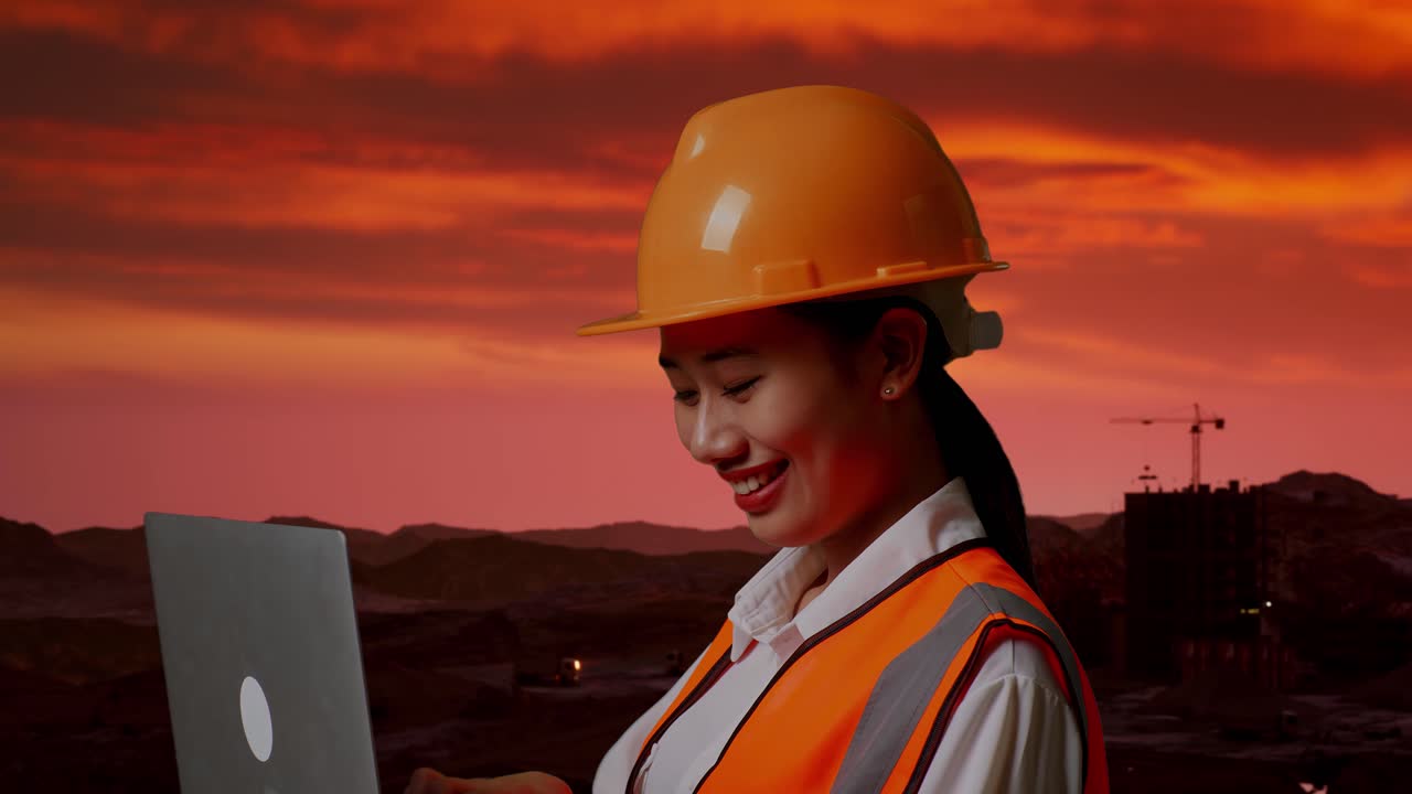 ingeniero trabajando en una computadora portátil al atardecer