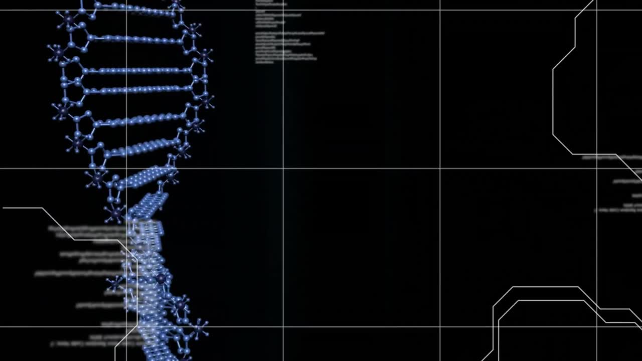 Animation of blue dna strand spinning and data processing over grid on black background